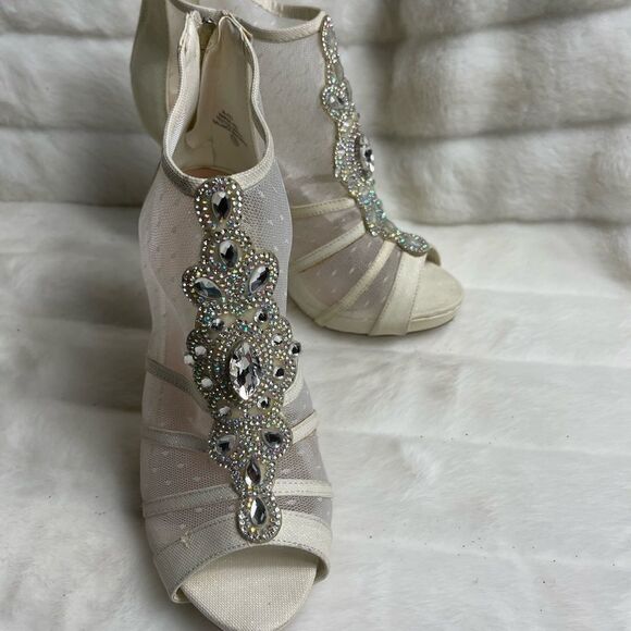 De Blossom collection beige iridescent textile & mesh ankle platform heels SZ10 - Picture 3 of 11